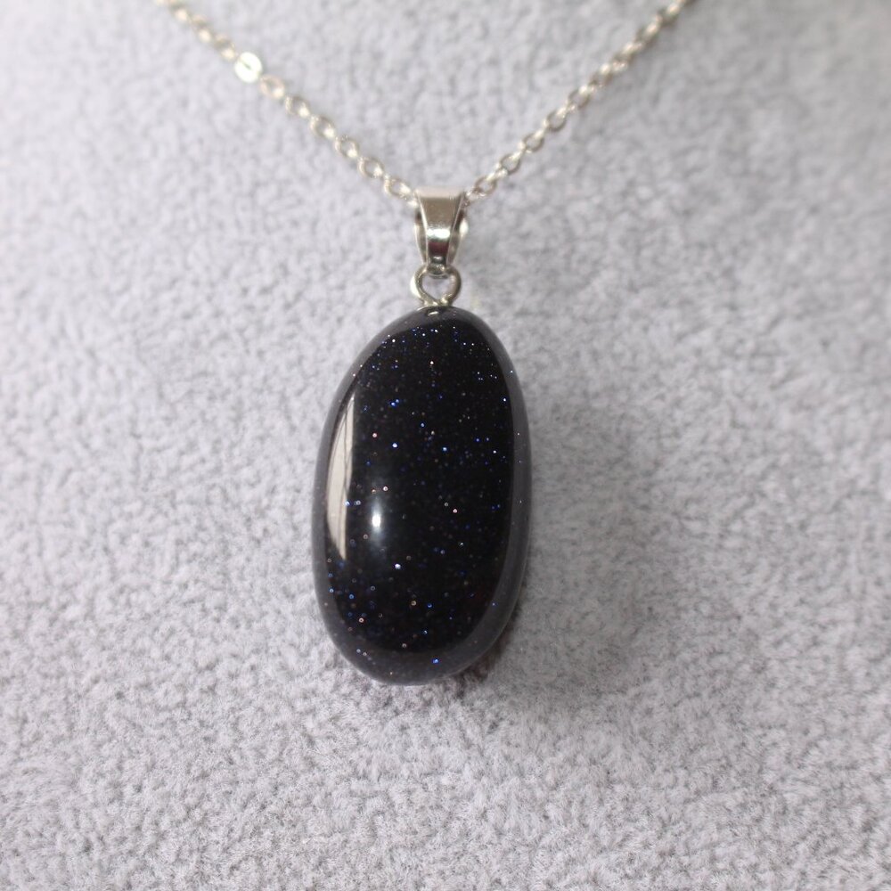 Blue Goldstone Oval Sparkle Pendant Necklace – Silver Chain - Picture 6 of 7